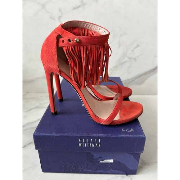 STUART WEITZMAN Red Suede Fringe Ankle Strap Heels Size 7.5 - Picture 1 of 9